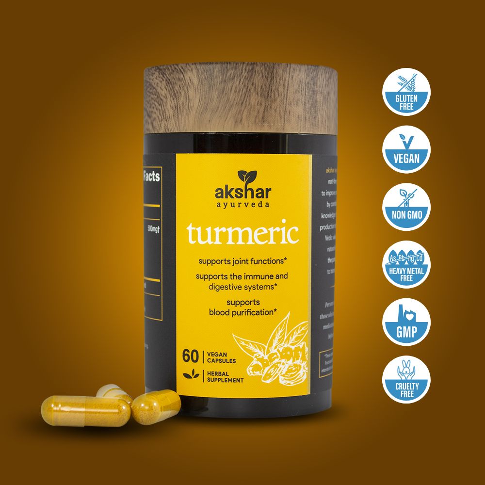 Akshar Ayurveda Turmeric 500mg supplement, 60 vegan tablets with vegan quality certification icons