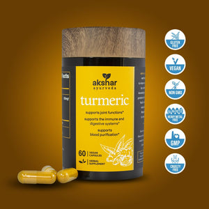 Akshar Ayurveda Turmeric 500mg supplement, 60 vegan tablets with vegan quality certification icons