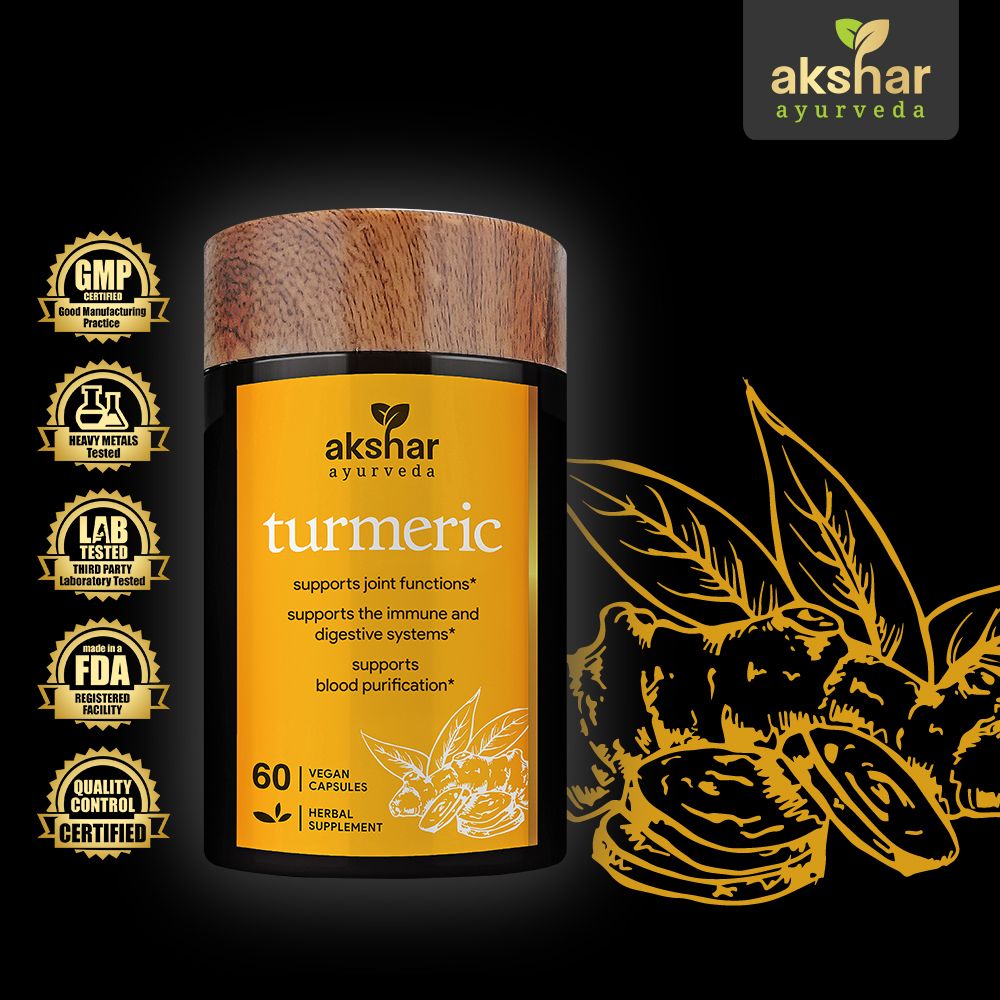Akshar Ayurveda Turmeric 500mg supplement, 60 vegan tablets benefits infographic for joint comfort, mobility and inflammation support