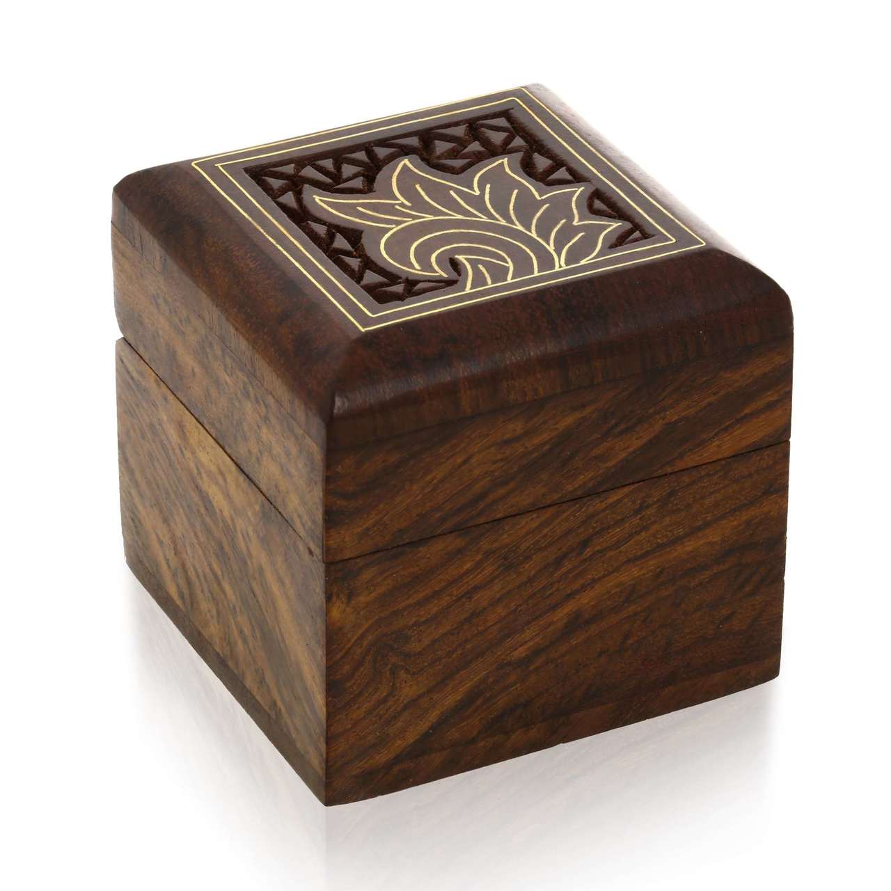 Handmade Pure Wooden Jewelry Box with Carved Brass and Wood Floral design for Rings, Earrings, Toe Rings or Cufflinks