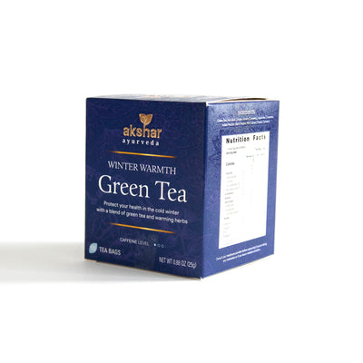 Akshar Ayurveda Winter Warmth Green Herbal Tea, 10 tea bags retail packaging box, front and side view