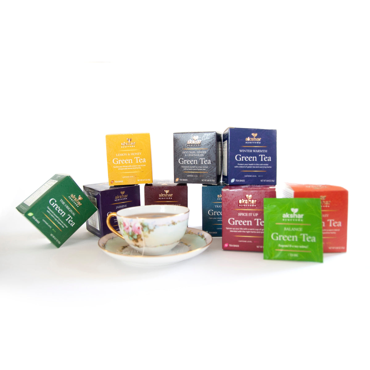 Akshar Ayurveda Winter Warmth Green Herbal Tea, 10 tea bags featured in an assorted herbal tea variety