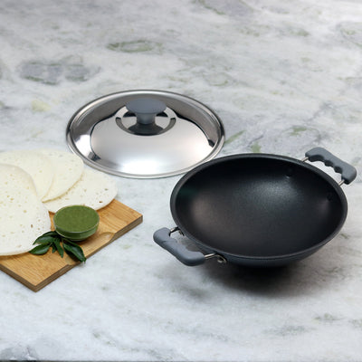 Wonderchef Non-Stick Aluminum Appachetty with Stainless Steel Lid For Appam and Crepes, 22cm, Black, alternate product view 2