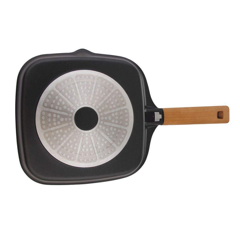 Wonderchef Die Cast Non-Stick Aluminum Wooden Handle Grill Pan, 24cm, Black, bottom view