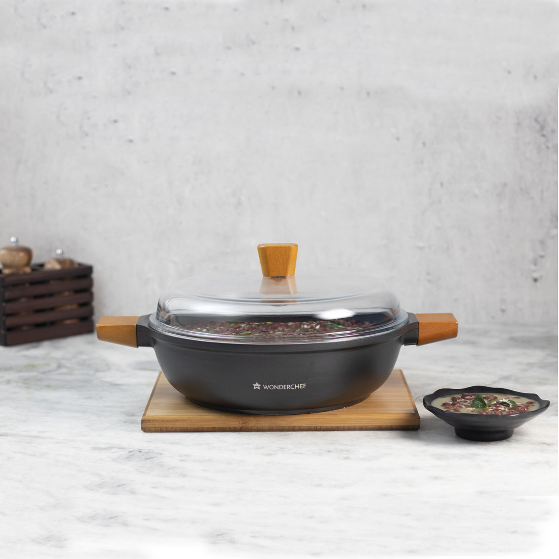 Wonderchef Die Cast Non-Stick Aluminum Shallow Casserole with Lid and Wooden Handle, 28cm, Black, alternate product view 2