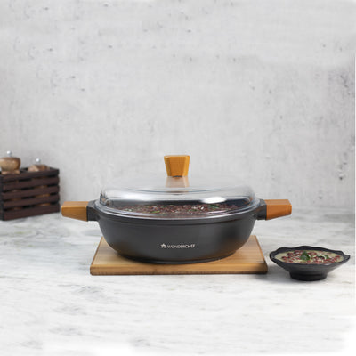 Wonderchef Die Cast Non-Stick Aluminum Shallow Casserole with Lid and Wooden Handle, 28cm, Black, alternate product view 2