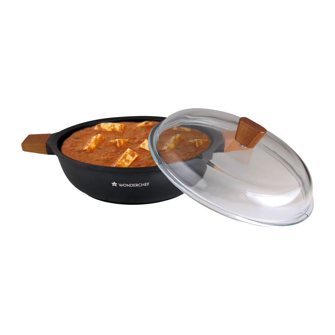 Wonderchef Die Cast Non-Stick Aluminum Shallow Casserole with Lid and Wooden Handle, 28cm, Black, alternate product view 3