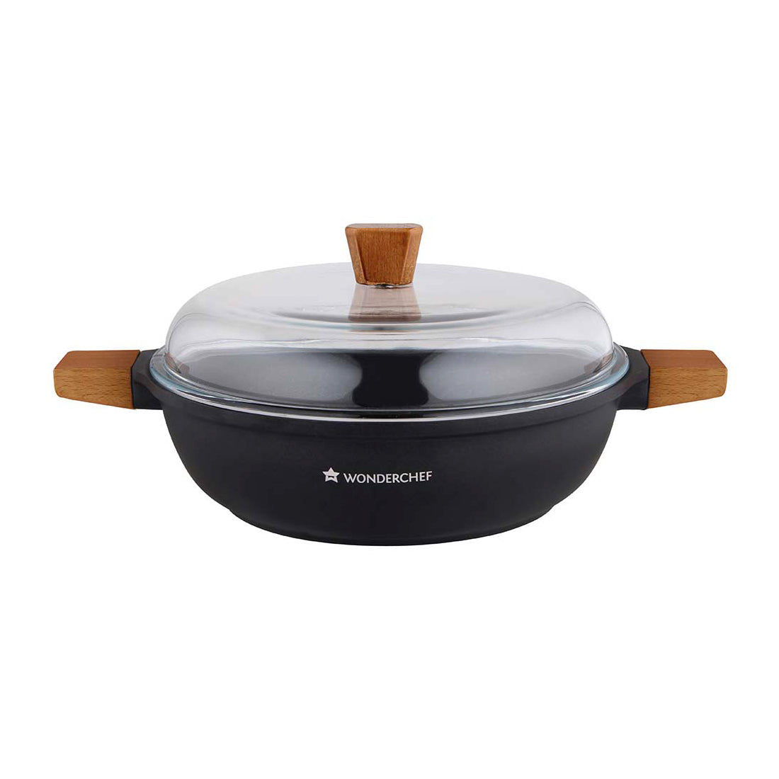Wonderchef Die Cast Non-Stick Aluminum Shallow Casserole with Lid and Wooden Handle, 28cm, Black, alternate product view 5