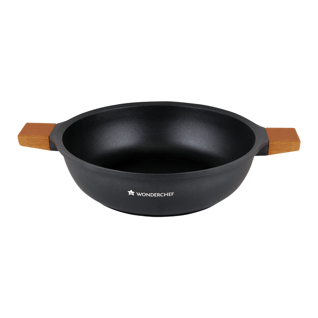 Wonderchef Die Cast Non-Stick Aluminum Shallow Casserole with Lid and Wooden Handle, 28cm, Black, alternate product view 6