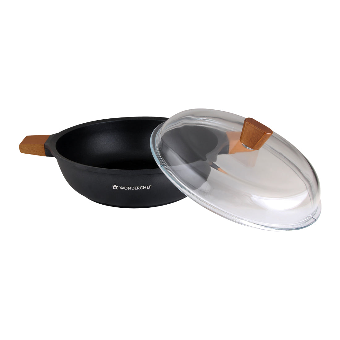 Wonderchef Die Cast Non-Stick Aluminum Shallow Casserole with Lid and Wooden Handle, 28cm, Black, alternate product view 7
