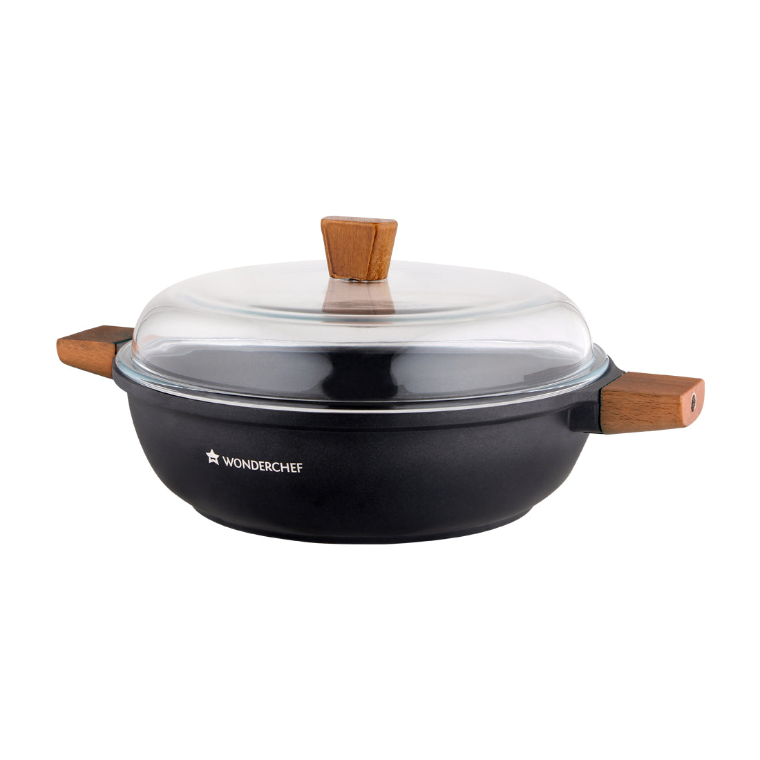 Wonderchef Die Cast Non-Stick Aluminum Shallow Casserole with Lid and Wooden Handle, 28cm, Black, alternate product view 8