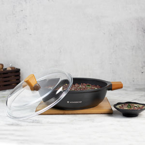 Wonderchef Die Cast Non-Stick Aluminum Shallow Casserole with Lid and Wooden Handle, 28cm, Black