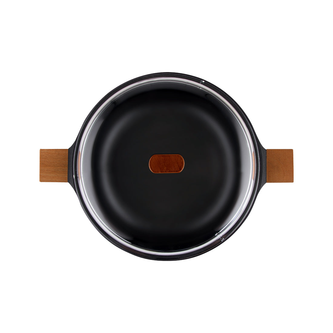 Wonderchef Die Cast Non-Stick Aluminum Shallow Casserole with Lid and Wooden Handle, 28cm, Black, top view