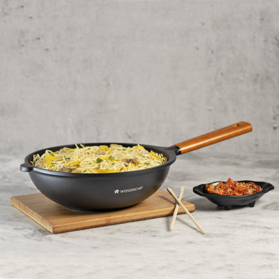 Wonderchef Die Cast Non-Stick Aluminum Wooden Handle Stir Fry Wok, 28cm, Black, alternate product view 2