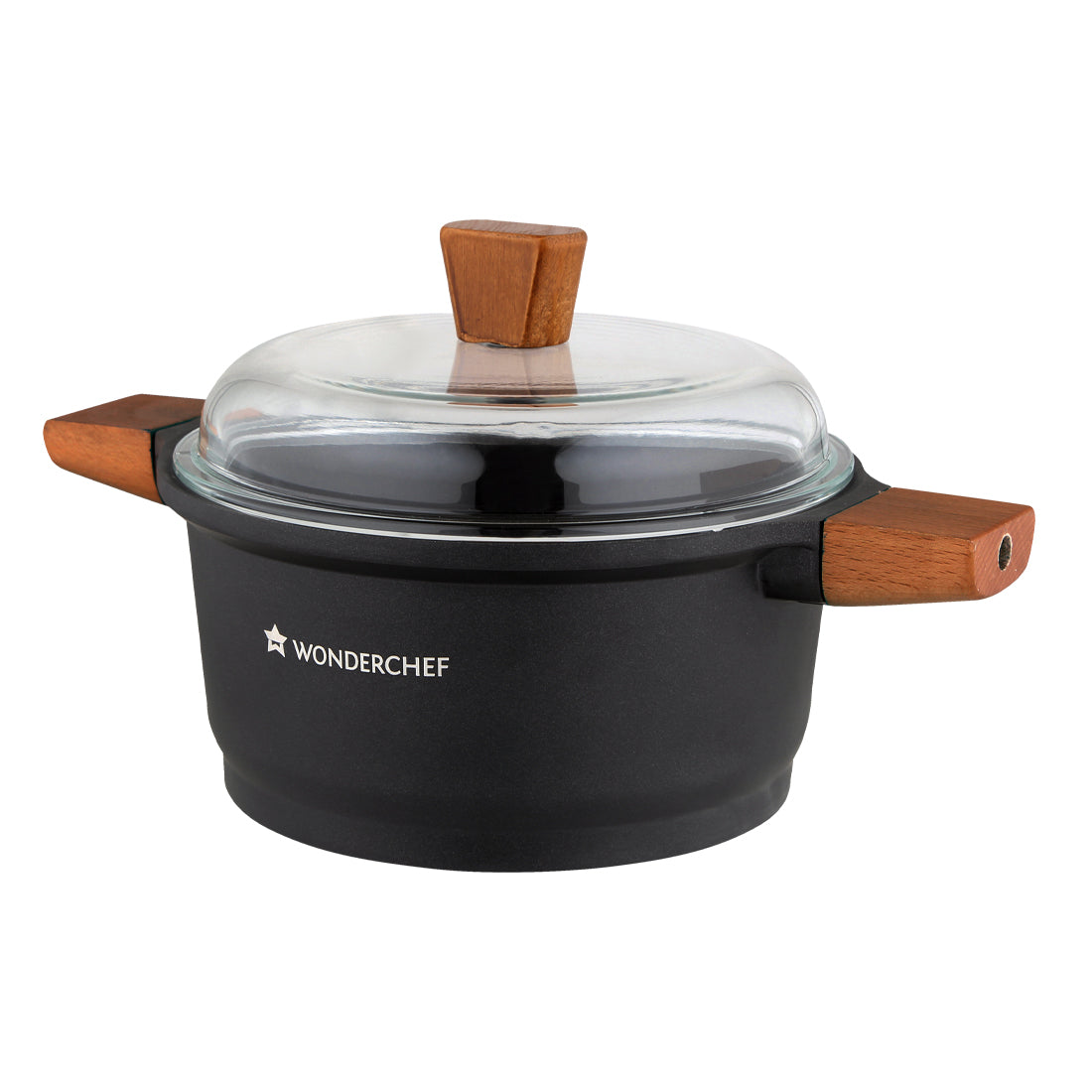 Wonderchef Die Cast Aluminum Casserole with Lid and Wooden Handle, Black, side view