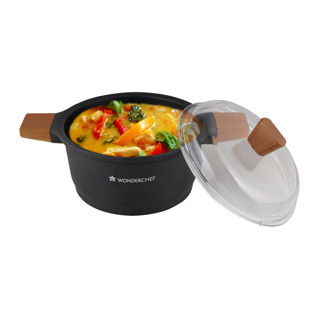 Wonderchef Die Cast Aluminum Casserole with Lid and Wooden Handle, Black, shown with food