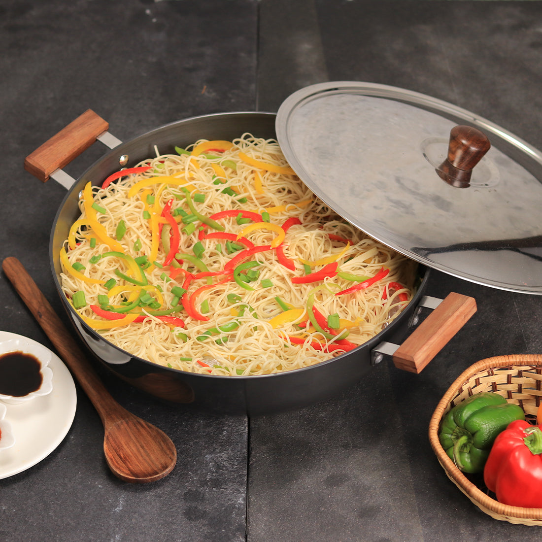 Wonderchef Hard Anodized Non-Toxic Deep Kadhai Wok with Lid and Handles, Black, 24cm, 30cm, alternate product view 2