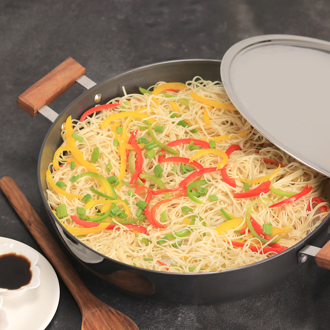 Wonderchef Hard Anodized Non-Toxic Deep Kadhai Wok with Lid and Handles, Black, 24cm, 30cm