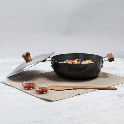 Wonderchef Hard Anodized Non-Toxic Deep Kadhai Wok with Lid and Handles, Black, 24cm, 30cm, side view