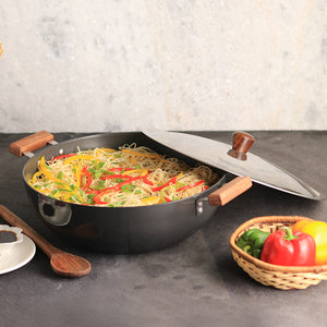 Wonderchef Hard Anodized Non-Toxic Deep Kadhai Wok with Lid and Handles, Black, 24cm, 30cm, shown with food