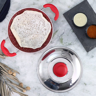 Wonderchef Non-Stick Appachetty Curved Appam Pan with Lid, Crimson 22cm, Red, view with lid