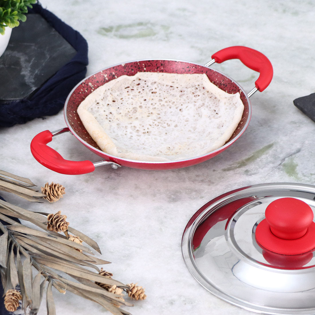 Wonderchef Non-Stick Appachetty Curved Appam Pan with Lid, Crimson 22cm, Red, product detail