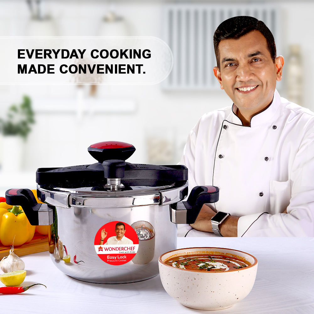 Wonderchef Easy Lock Stainless Steel Combo Pack Outer Lid Pressure Cooker, chef feature