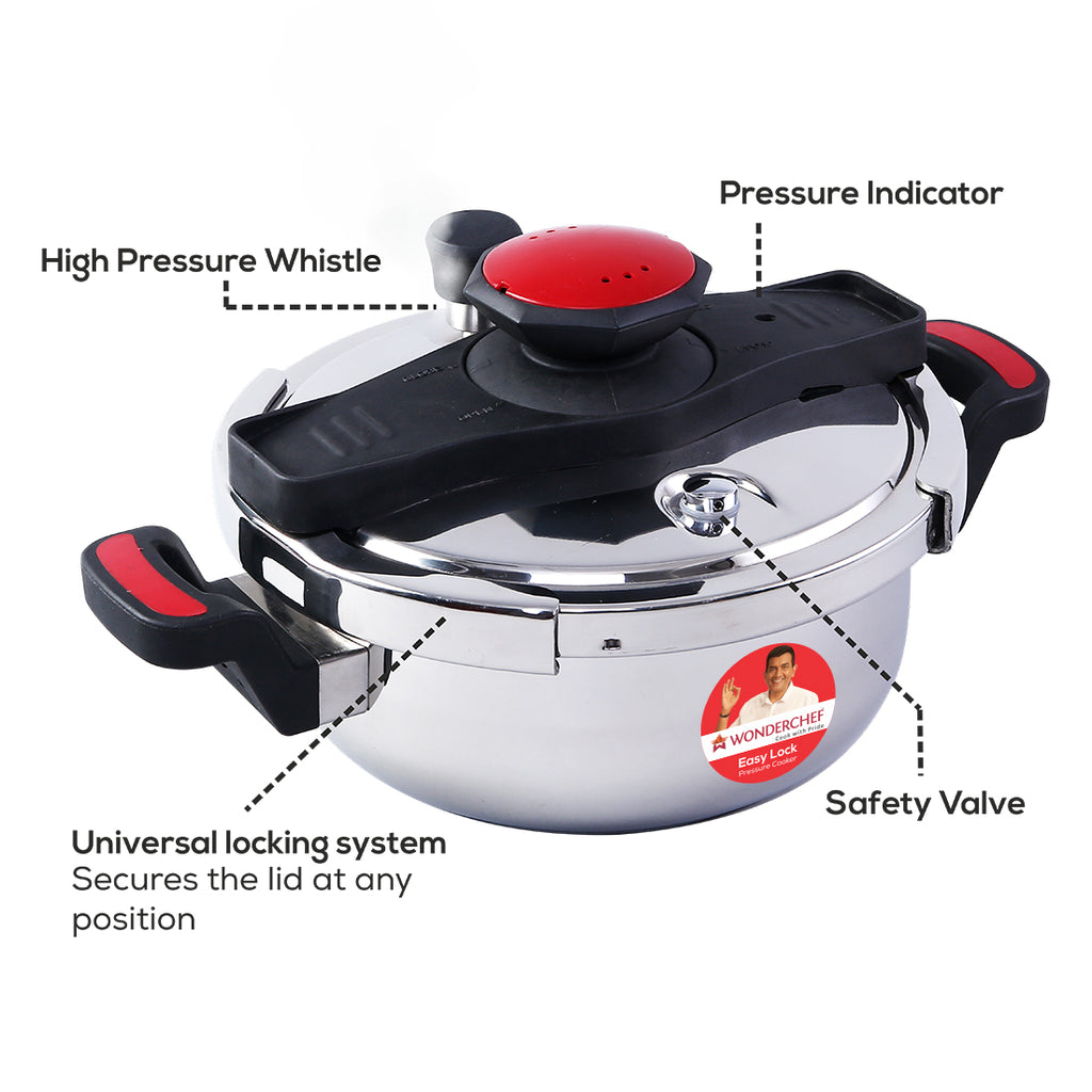 Wonderchef Easy Lock Stainless Steel Combo Pack Outer Lid Pressure Cooker, features overview