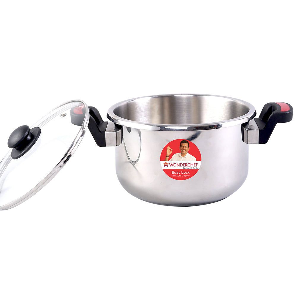 Wonderchef Easy Lock Stainless Steel Combo Pack Outer Lid Pressure Cooker, open view