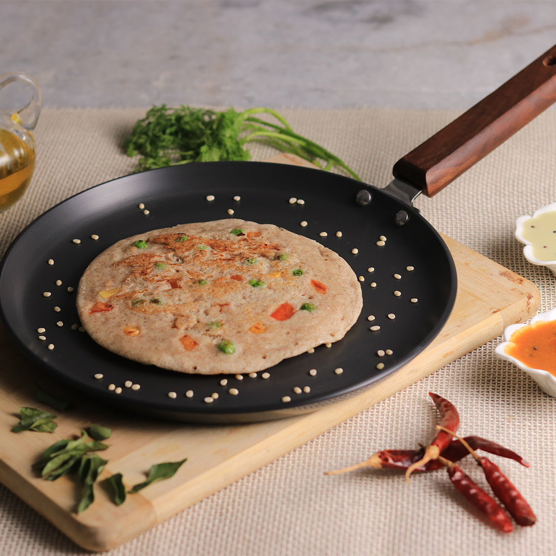 Wonderchef Ebony Non-Stick Dosa Tawa Griddle Pan 26.5cm with Wooden Handle, Black, alternate product view 2