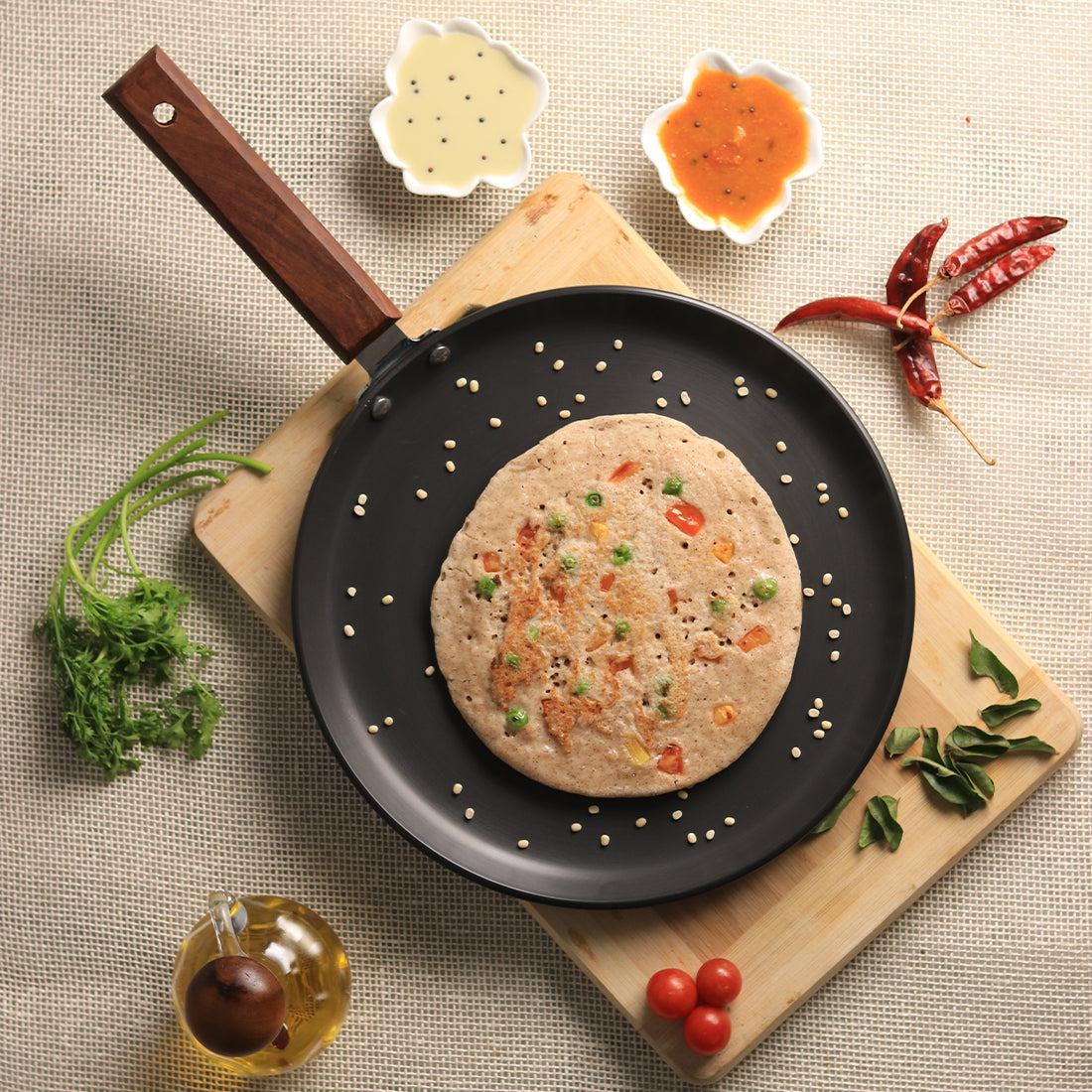 Wonderchef Ebony Non-Stick Dosa Tawa Griddle Pan 26.5cm with Wooden Handle, Black, top view