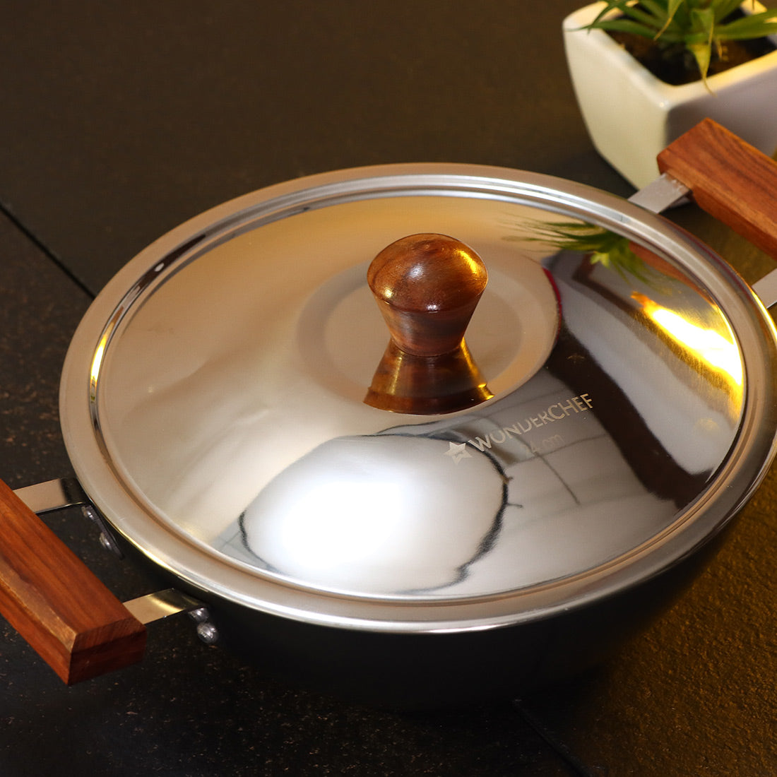 Wonderchef Ebony Hard Anodized Wok with Steel Lid and Wooden Handles, Black, 24cm, 28cm, alternate product view 2