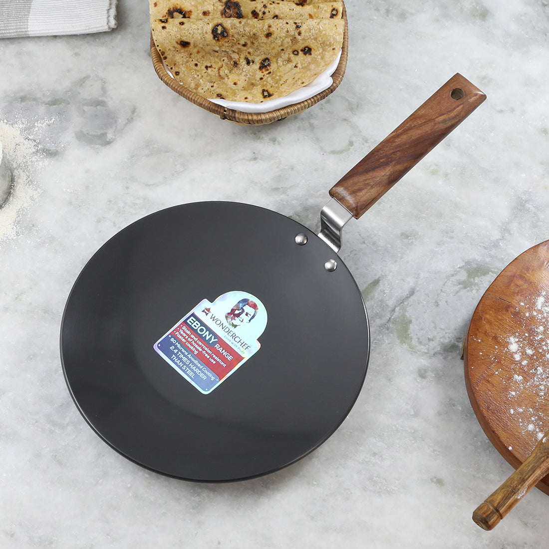 Wonderchef Ebony Anodized Roti Naan Bread Tawa Griddle Pan Pure Grade Aluminum PFOA-Free, Black, 25cm, 28cm, alternate product view 5