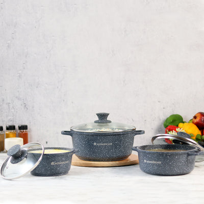 Wonderchef Granite Die Cast Casserole Set of 3 Casseroles with Lids, 16cm, 20cm, 24cm, Black, alternate product view 2