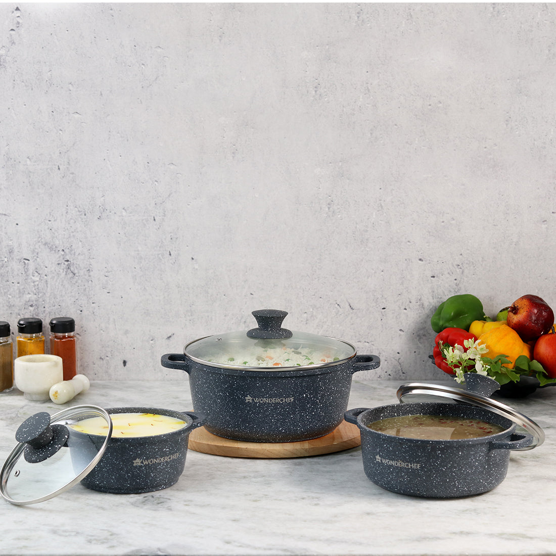 Wonderchef Granite Die Cast Casserole Set of 3 Casseroles with Lids, 16cm, 20cm, 24cm, Black