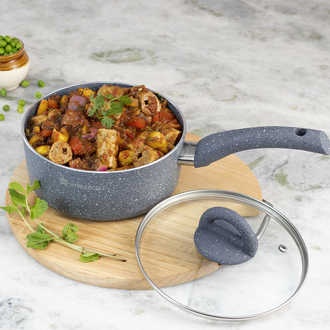 Wonderchef Granite Forged Non-Stick PFOA-Free Aluminum Lentil and Curry Pan with Lid, Gray, view with lid