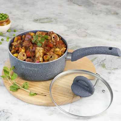 Wonderchef Granite Forged Non-Stick PFOA-Free Aluminum Lentil and Curry Pan with Lid, Gray, view with lid