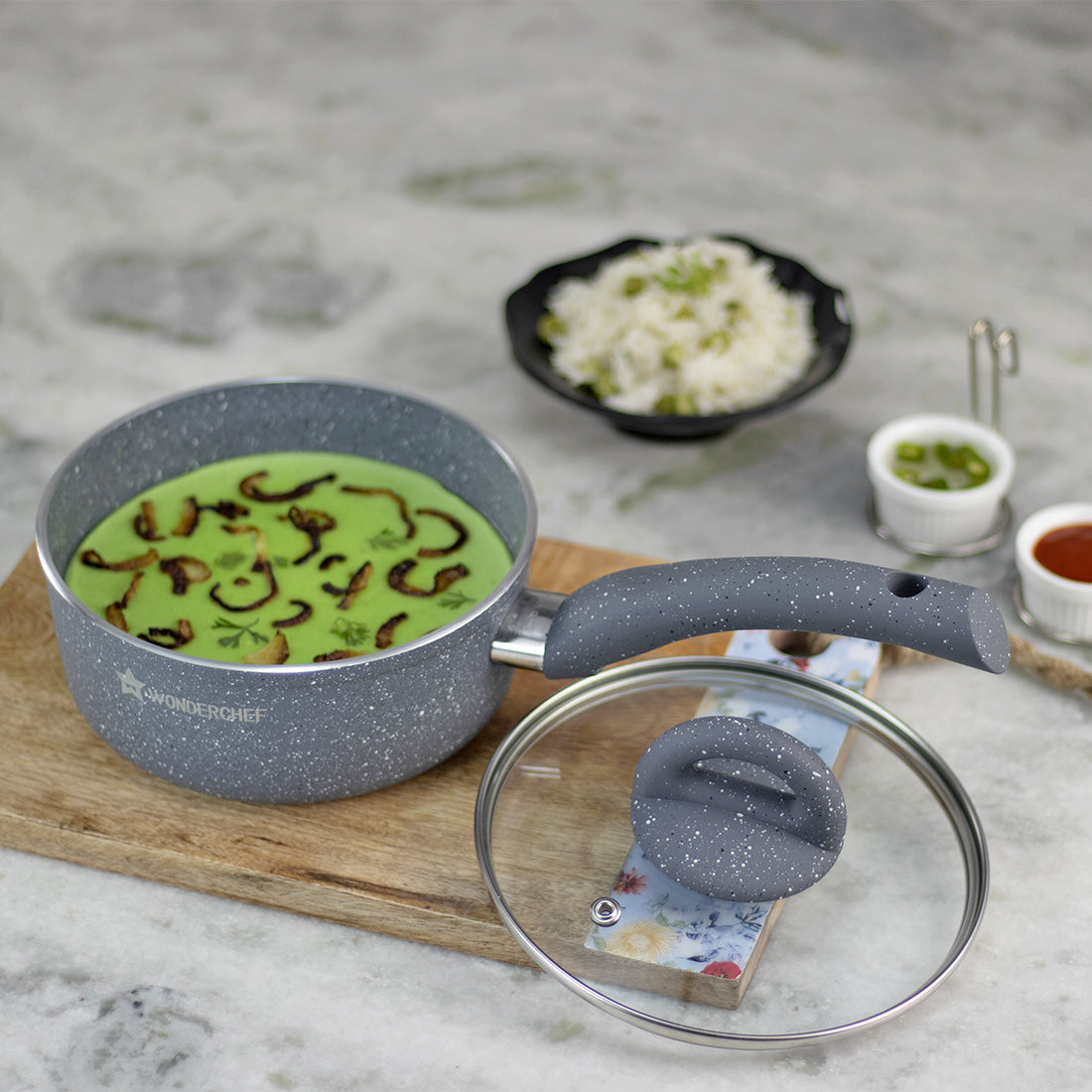 Wonderchef Granite Forged Non-Stick PFOA-Free Aluminum Lentil and Curry Pan with Lid, Gray
