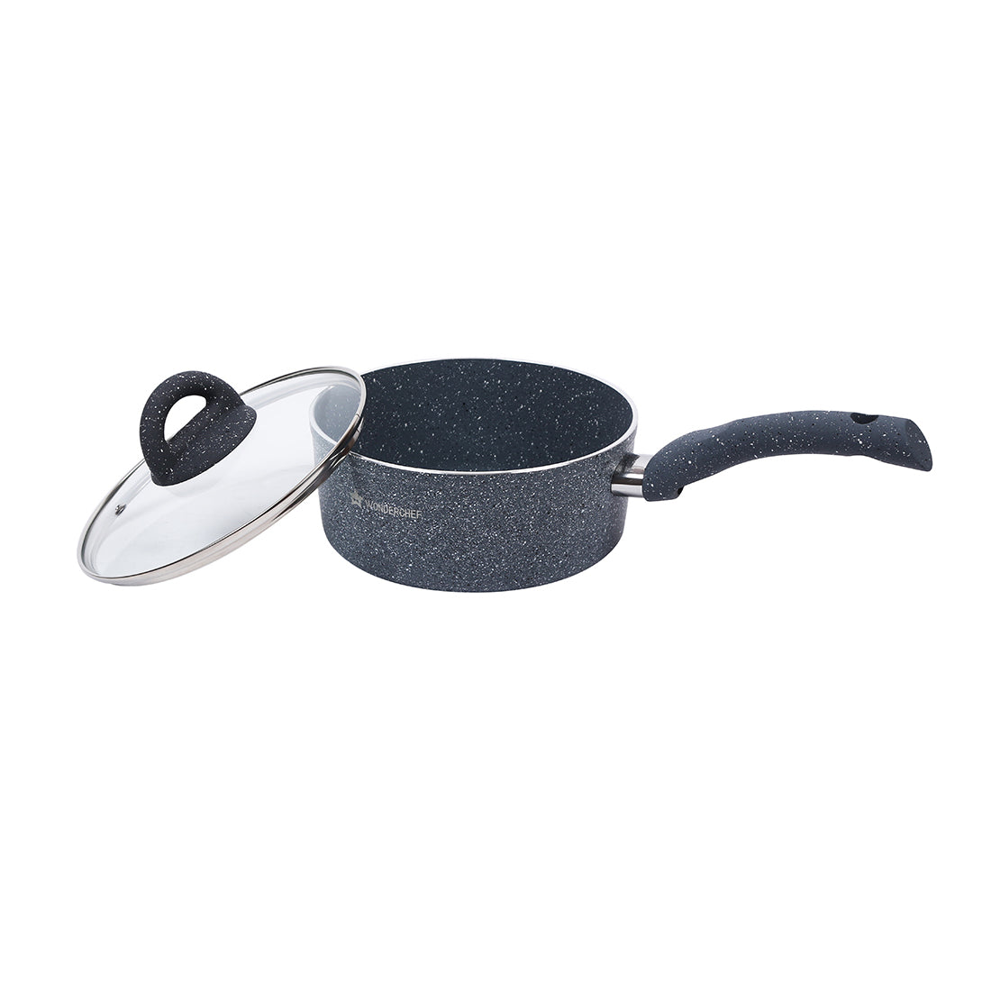 Wonderchef Granite Forged Non-Stick PFOA-Free Aluminum Lentil and Curry Pan with Lid, Gray, side view with lid 2