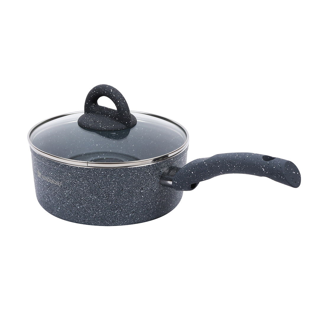 Wonderchef Granite Forged Non-Stick PFOA-Free Aluminum Lentil and Curry Pan with Lid, Gray, side view with lid 3