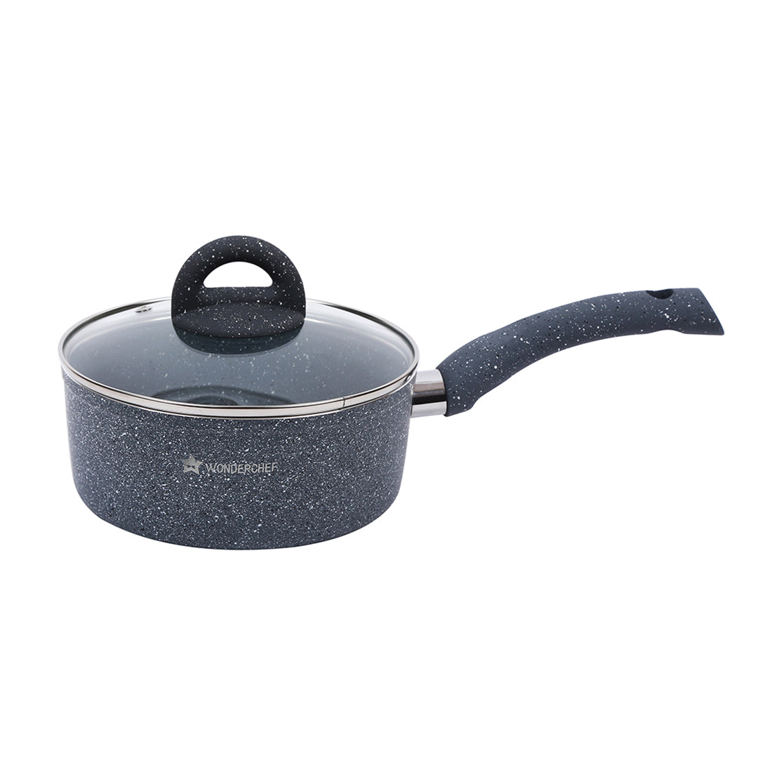 Wonderchef Granite Forged Non-Stick PFOA-Free Aluminum Lentil and Curry Pan with Lid, Gray, side view with lid