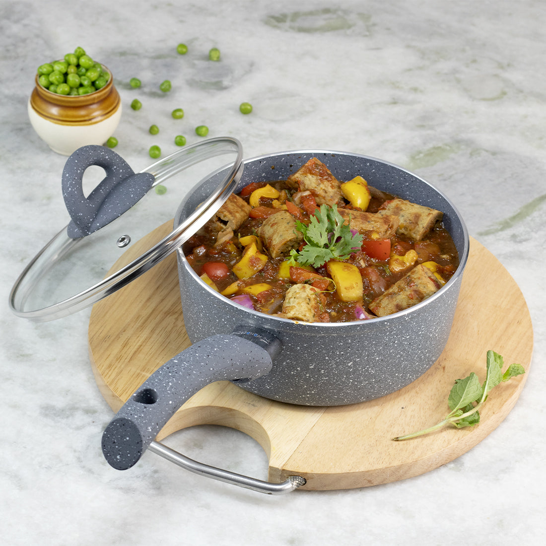 Wonderchef Granite Forged Non-Stick PFOA-Free Aluminum Lentil and Curry Pan with Lid, Gray, top view