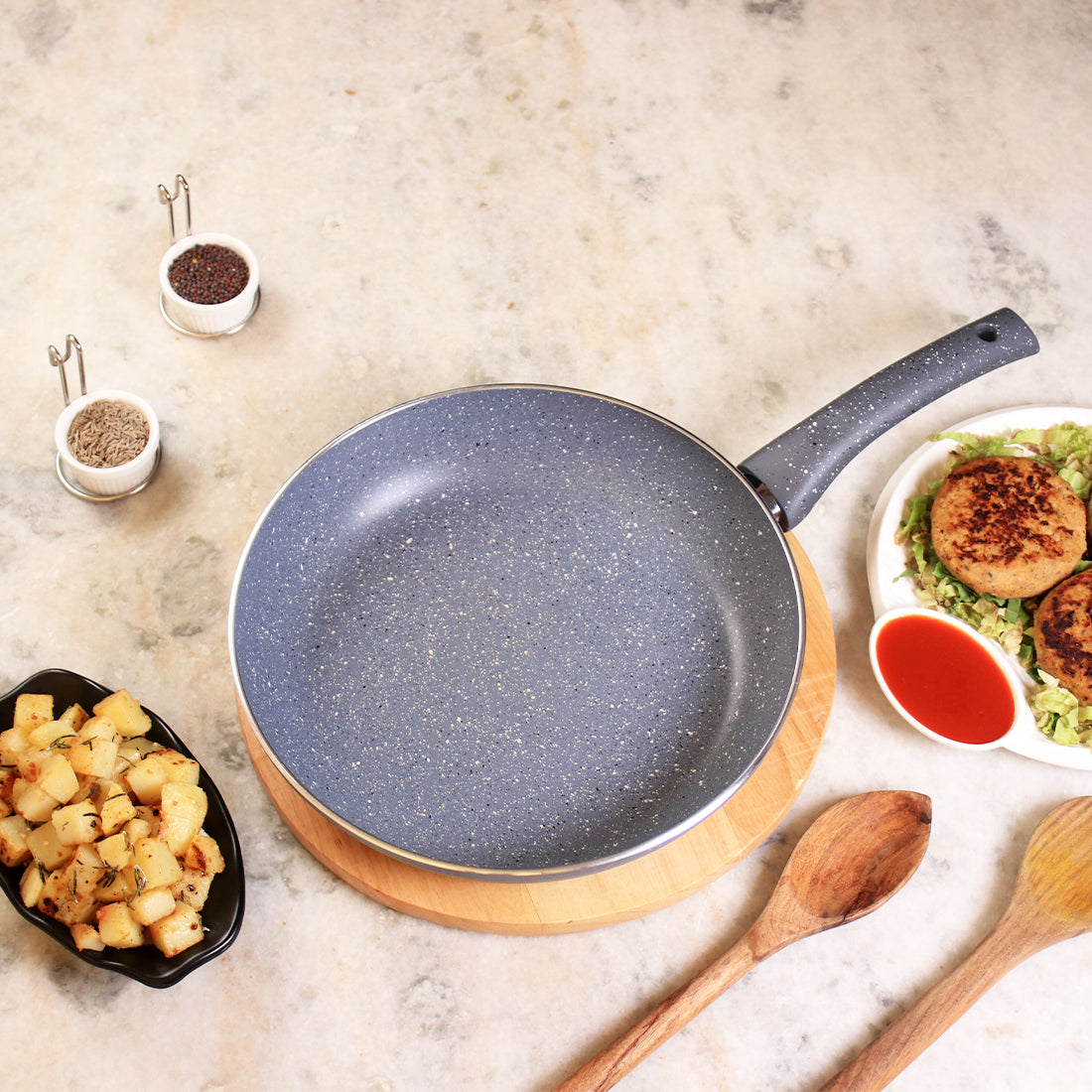 Wonderchef Granite Forged Non-Stick PFOA-Free Aluminum Fry Pan Skillet Tawa, Gray, top view