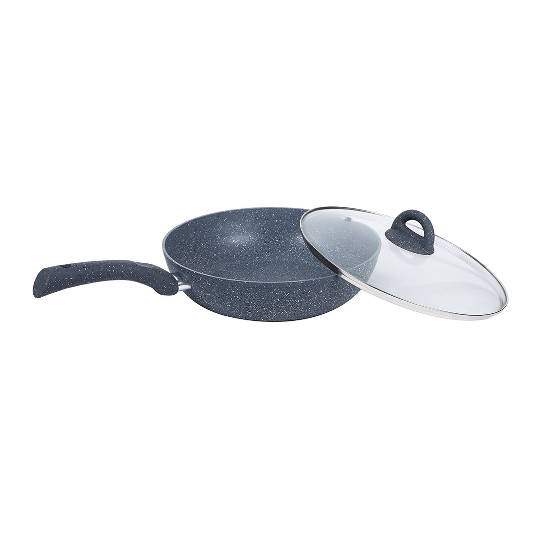 Wonderchef Granite Forged Non-Stick PFOA-Free Aluminum Stir Fry Wok with Lid, Gray, side view with lid removed