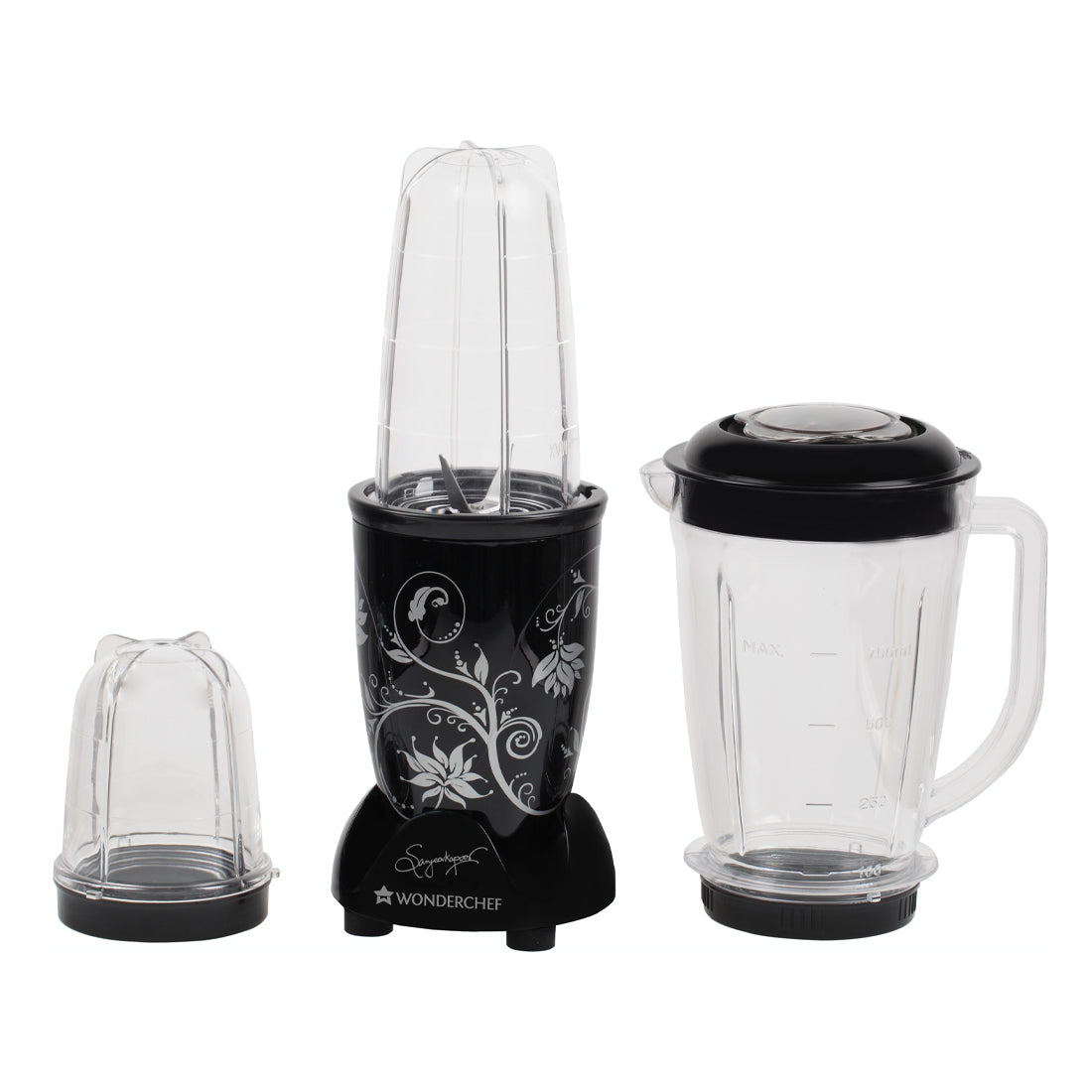 Wonderchef Nutri-Blend Smoothie, Shake, and Masala/Chutney Blender Mixer Grinder with 3 Jars, full kit front view