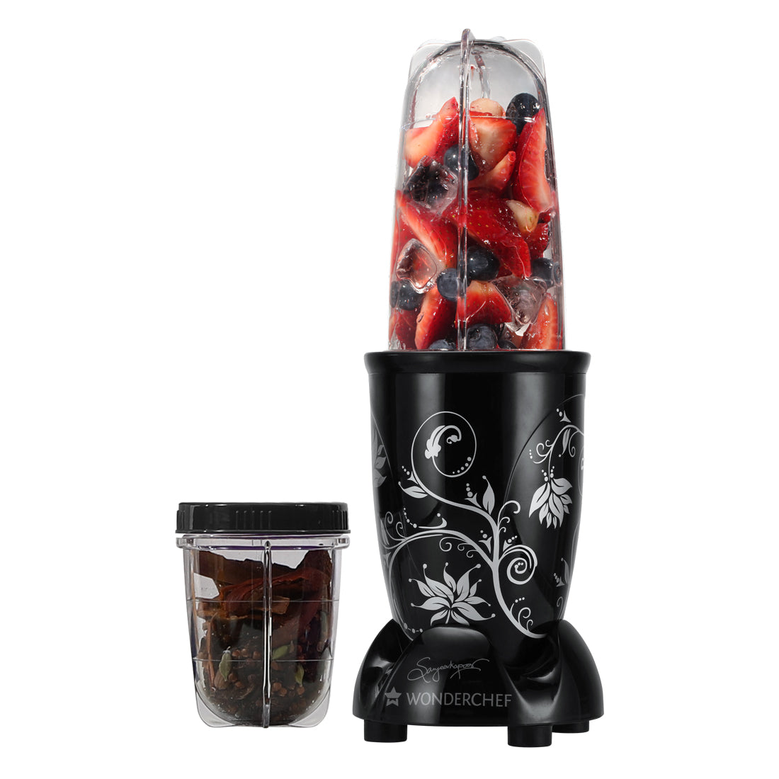 Wonderchef Nutri-Blend Smoothie, Shake, and Masala/Chutney Blender Mixer Grinder with 3 Jars, lifestyle view with fruit