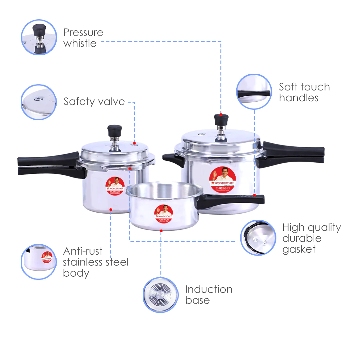 Wonderchef Platinum Pack of 3 Pressure Cookers, features overview