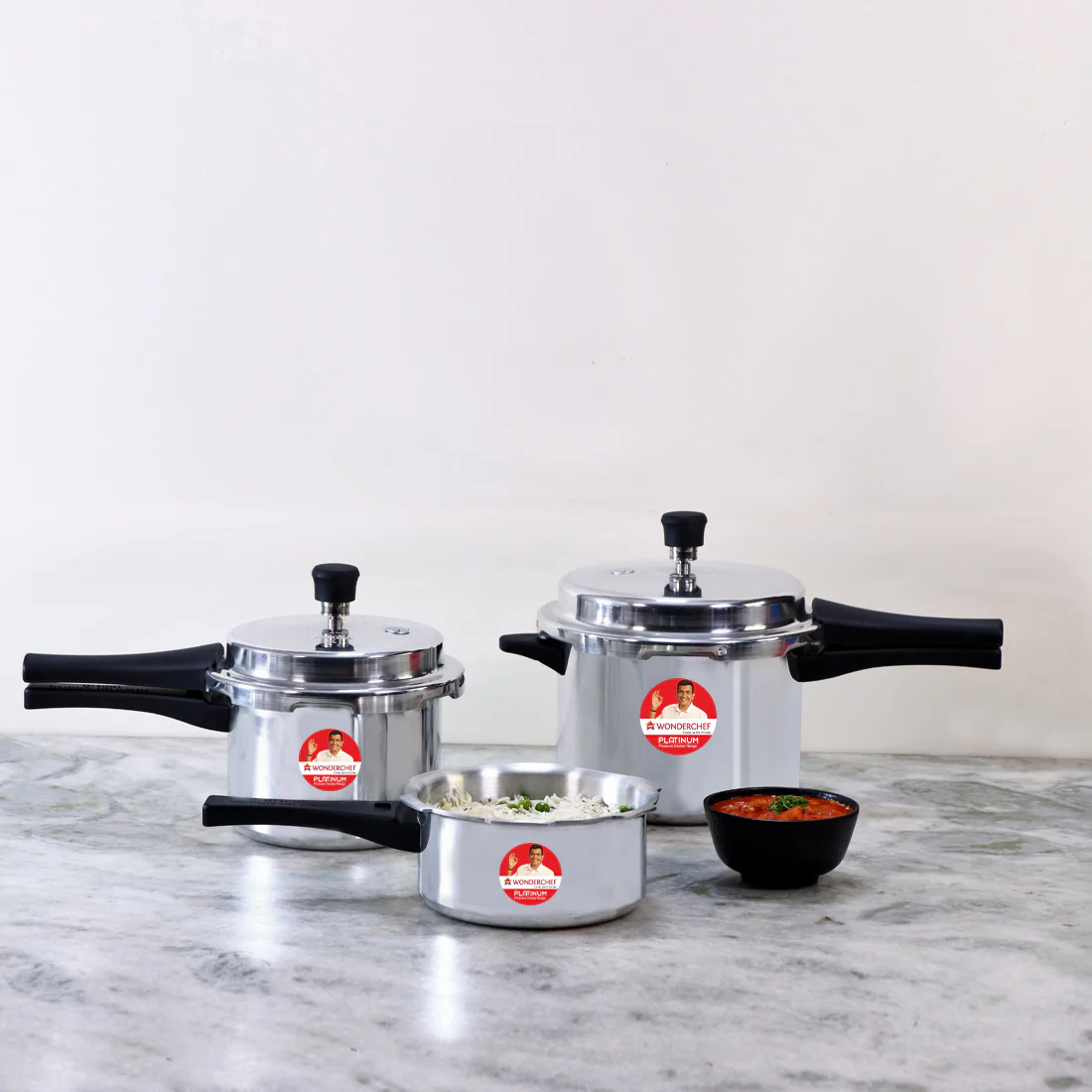 Wonderchef Platinum Pack of 3 Pressure Cookers, lifestyle view