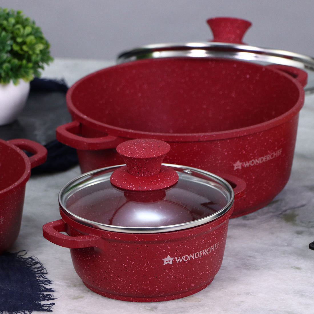 Wonderchef Granite Die-Cast Aluminum Non-Stick Casserole Pack of 3 with Lids, PFOA-free, Red, alternate product view 2