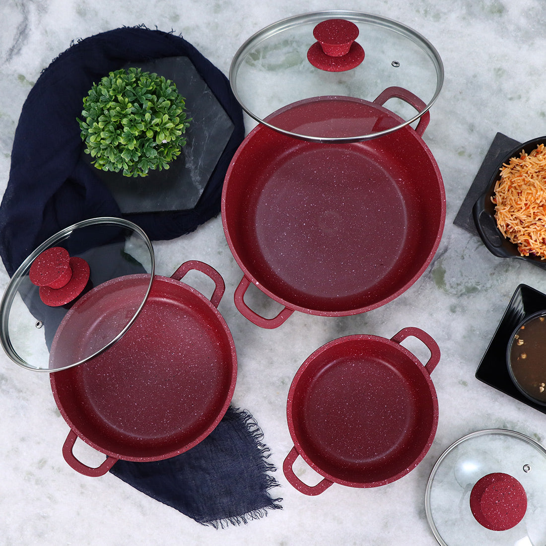 Wonderchef Granite Die-Cast Aluminum Non-Stick Casserole Pack of 3 with Lids, PFOA-free, Red, alternate product view 3